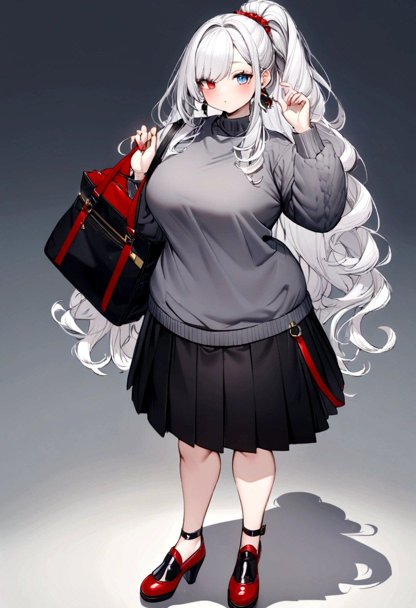  big girl white hair with black skirt and gray sweater with one eye red the other blue and black shoes  