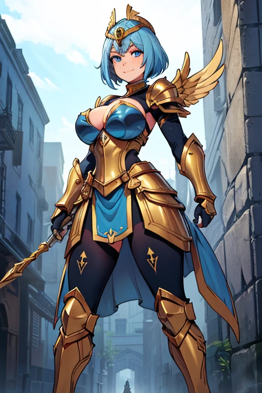 Masterpiece, Best Quality, 1girl, medium boobs, perfect body, pauldrons, shoulder armor, black hair, ponytail, stern look, smile, blue eyes, armored dress, cleavage, {golden armored boots}, black gloves, full gloves, golden gauntlet, {garuda helm}, castle, street, day, standing, full body