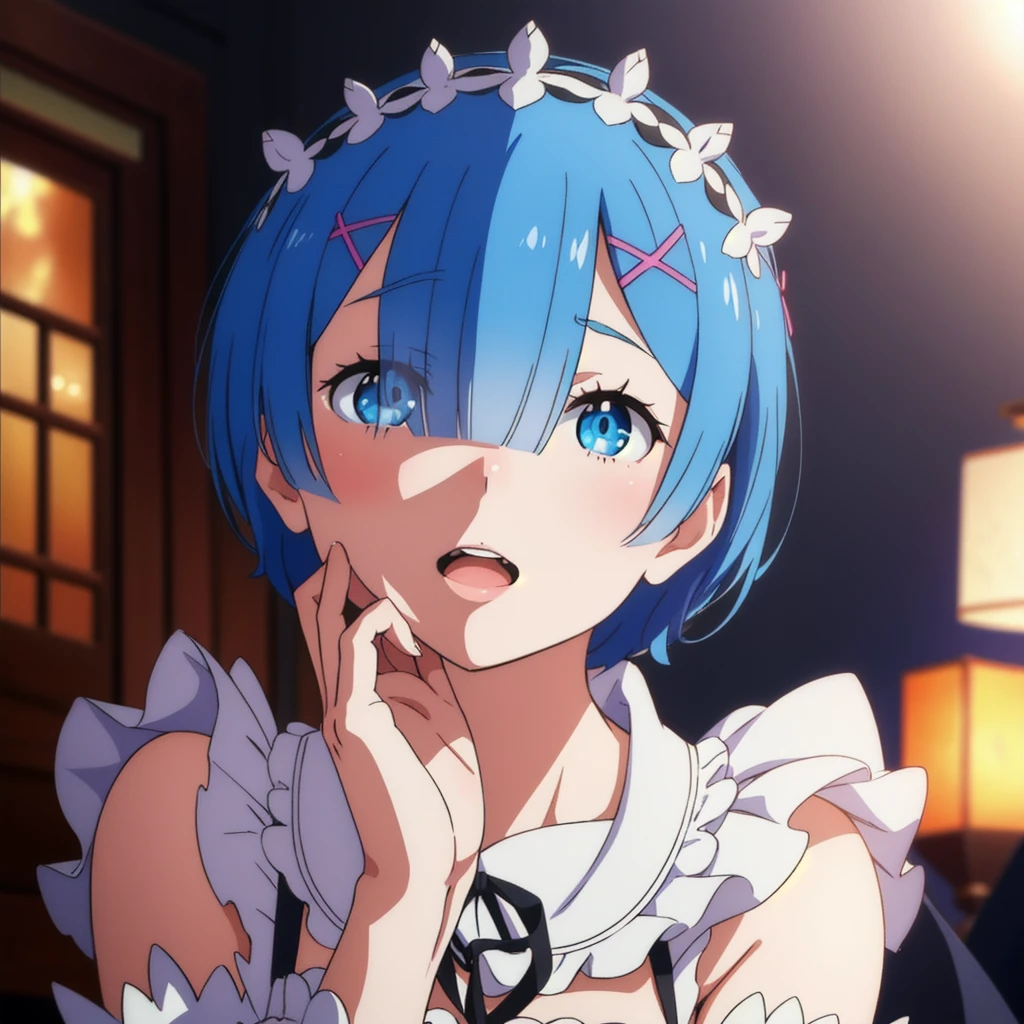 masterpiece, best quality,(colorful), (delicate eyes and face), volumetric light, ray tracing, extremely detailed CG unity 8k wallpaper, remrin, blue hair, hair over one eye, medium breasts, maid, purple ribbon, maid headdress, roswaal mansion maid uniform, white apron, detached sleeves, (looking at viewer:1.1), open mouth, smile, yandere trance, yandere, hands on own face, hands on own cheeks, dark background