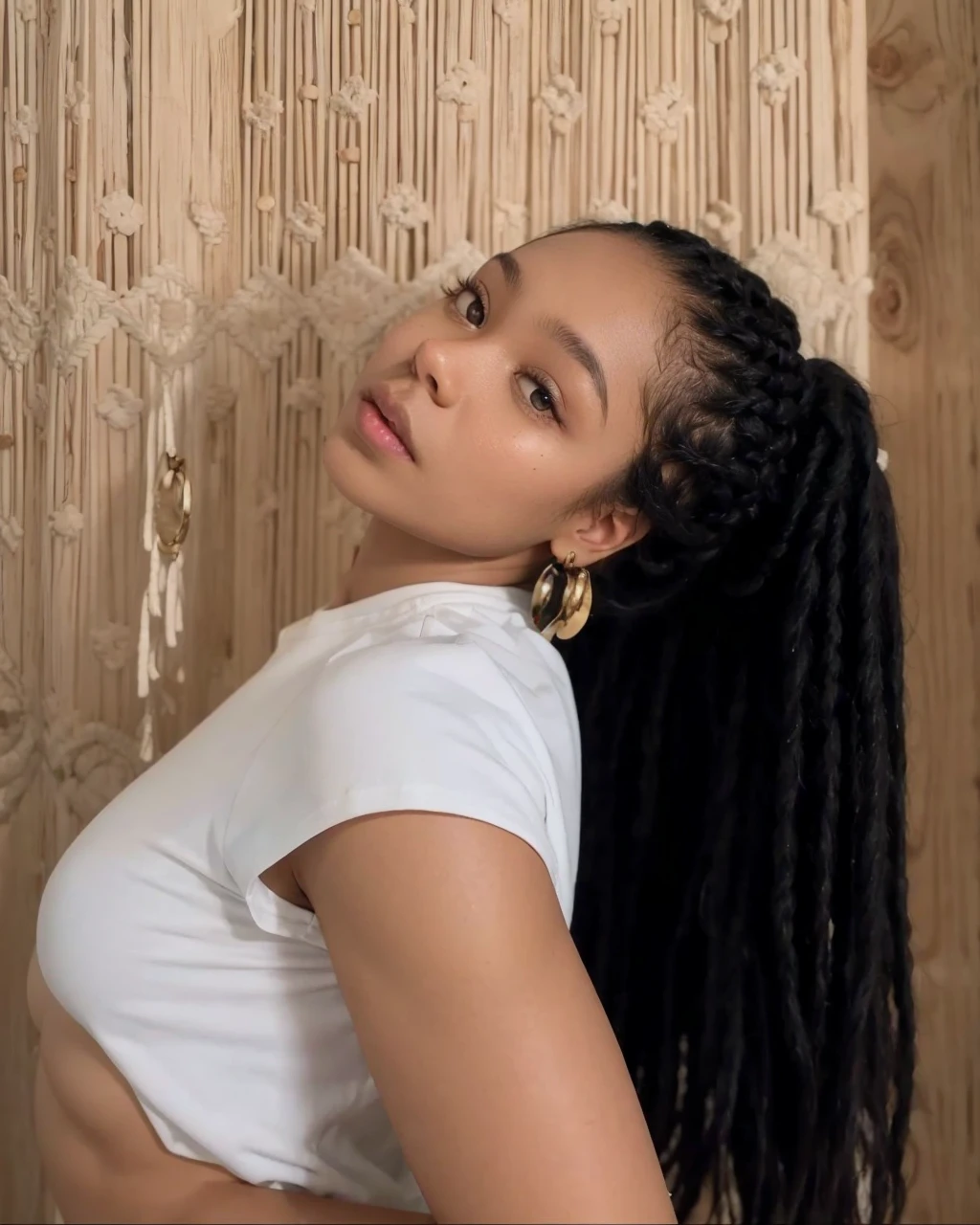 Black woman with braids with her body on her side looking at the camera with small eyes