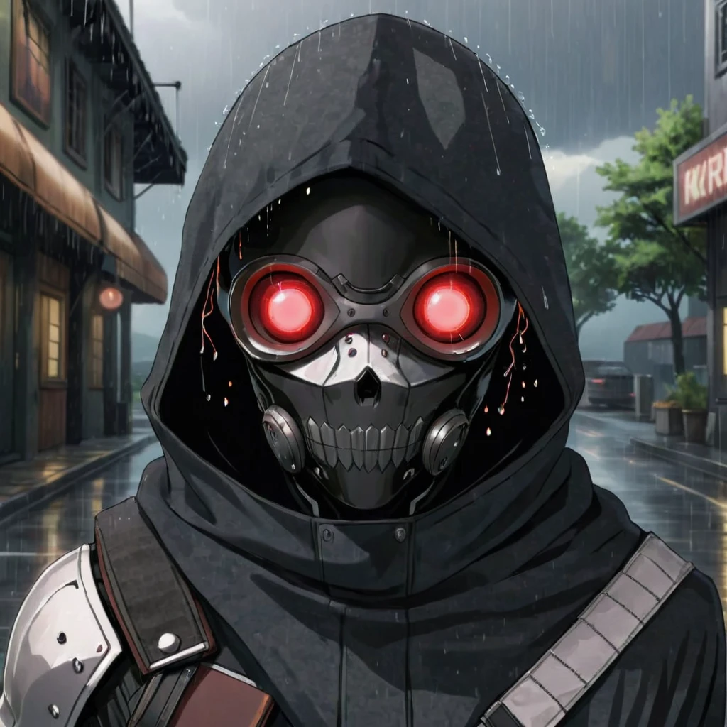 (d34thgun:1.5), (side view:2), (1boy wearing a cyberpunk skull mask with glowing red eyes:1.4), (full face mask, gasmask, wrapped in bandages, cloak, gun, kevlar armor:1.3)(1boy, male focus:1.5), (masterpiece, top quality, best quality, detailed scenery background, official art, beautiful and aesthetic, extremely detailed, best quality, absurdres:1.3), (detailed natural lighting, depth of field:1.3) (hyperrealistic:1.5), vivid 16k colorful hdr, highest detailed, (running, raining:1.5)