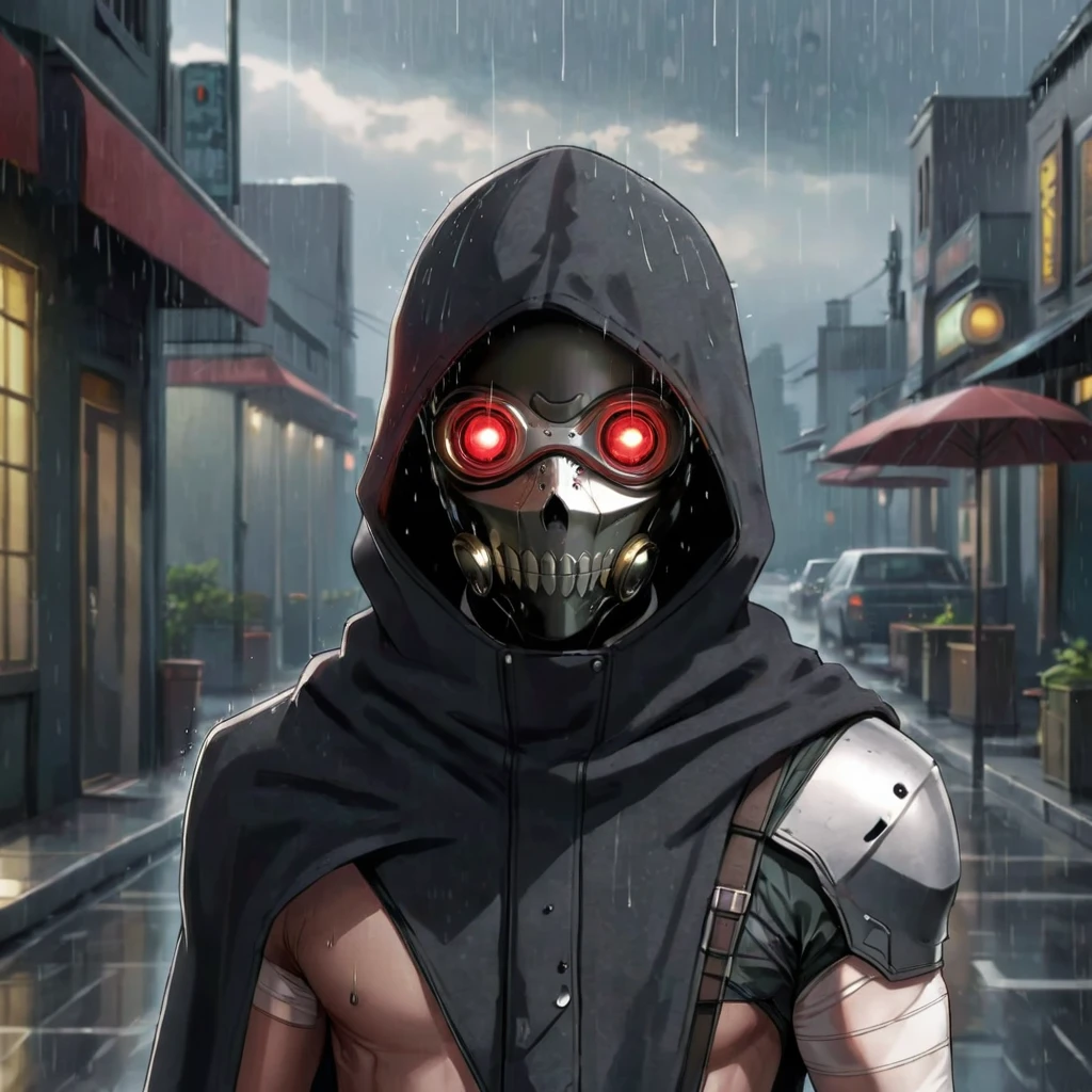 (d34thgun:1.5), (side view:2), (1boy wearing a cyberpunk skull mask with glowing red eyes:1.4), (full face mask, gasmask, wrapped in bandages, cloak, gun, kevlar armor:1.3)(1boy, male focus:1.5), (masterpiece, top quality, best quality, detailed scenery background, official art, beautiful and aesthetic, extremely detailed, best quality, absurdres:1.3), (detailed natural lighting, depth of field:1.3) (hyperrealistic:1.5), vivid 16k colorful hdr, highest detailed, (running, raining:1.5)