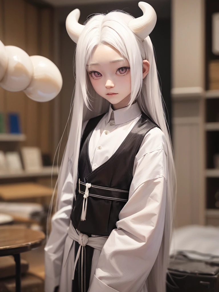 Dough Ötsutsuki. albino adult male. long white hair. pearl eyes. two small horns on the forehead. short left side fringe. are shirt. whole body. beautiful, friendly face