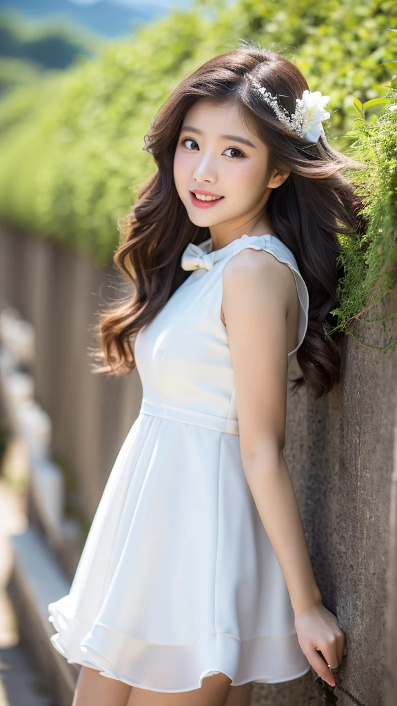 (Detailed face),(between legs),cute,(I can't see the valley.)white(formal)Dresses,4K,Ultra-high resolution,(Photorealistic:1.7),Gray background,Long Hair,