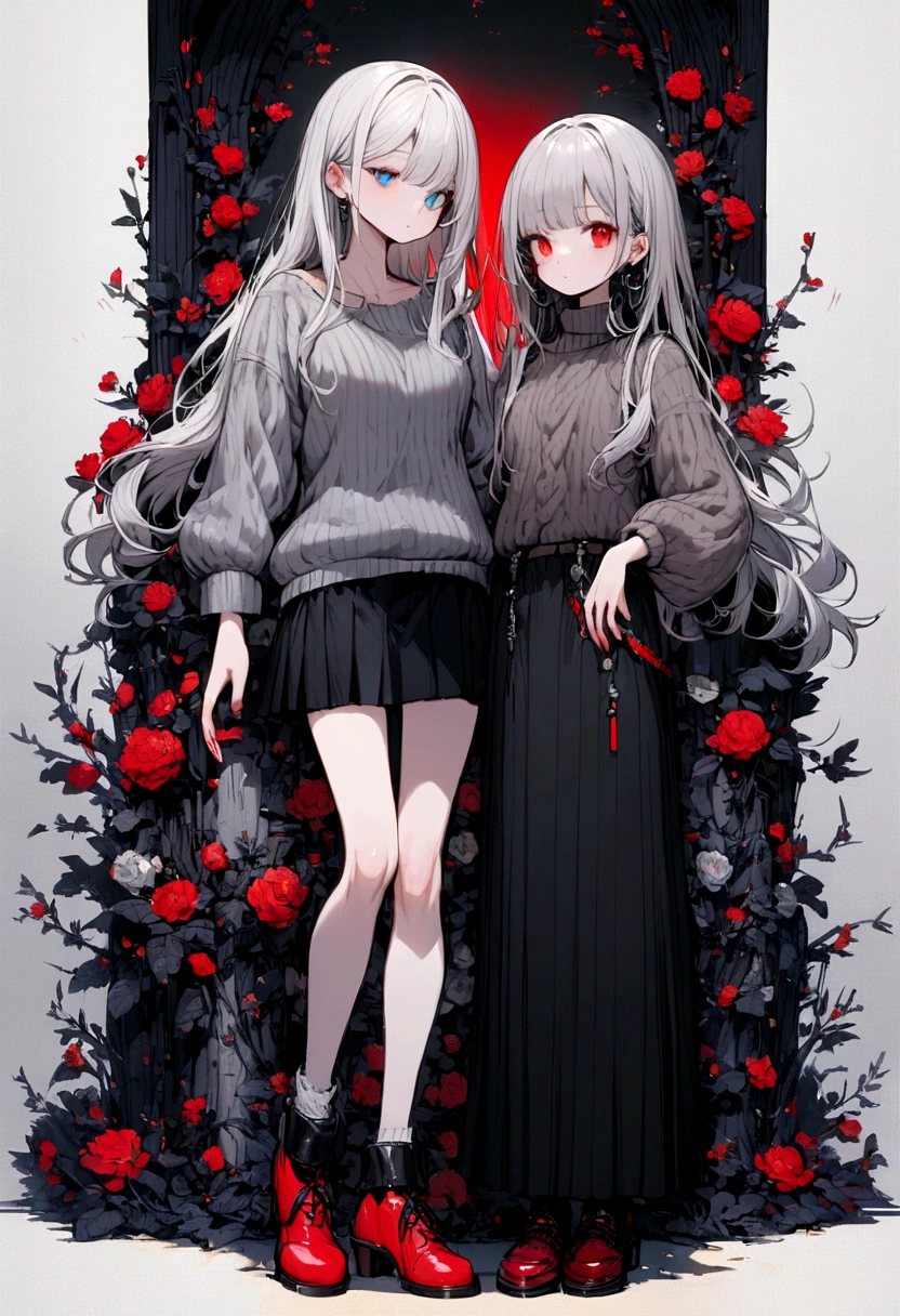 tall girl with white hair in a black skirt and gray sweater with one eye red the other blue and black shoes