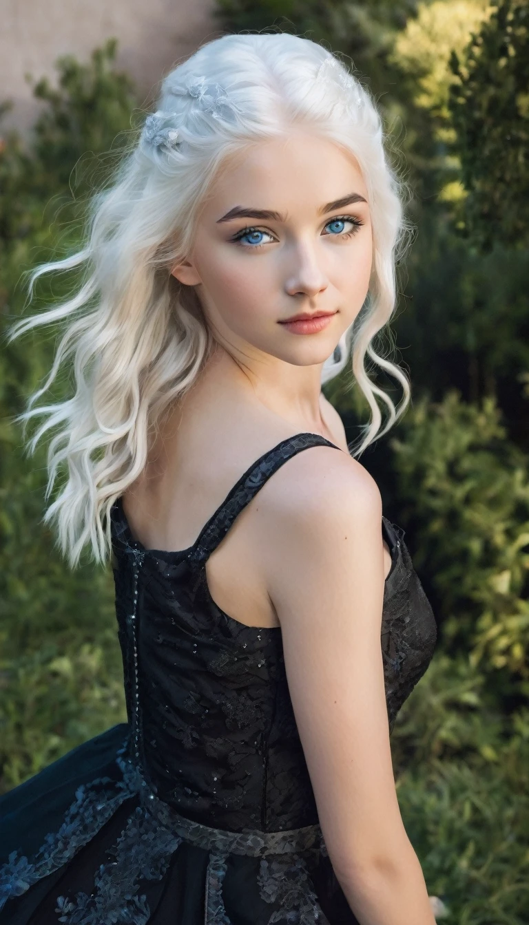 Very beautiful 15 year old girl, with white hair and white skin and blue eyes with a short black dress that shows her full body