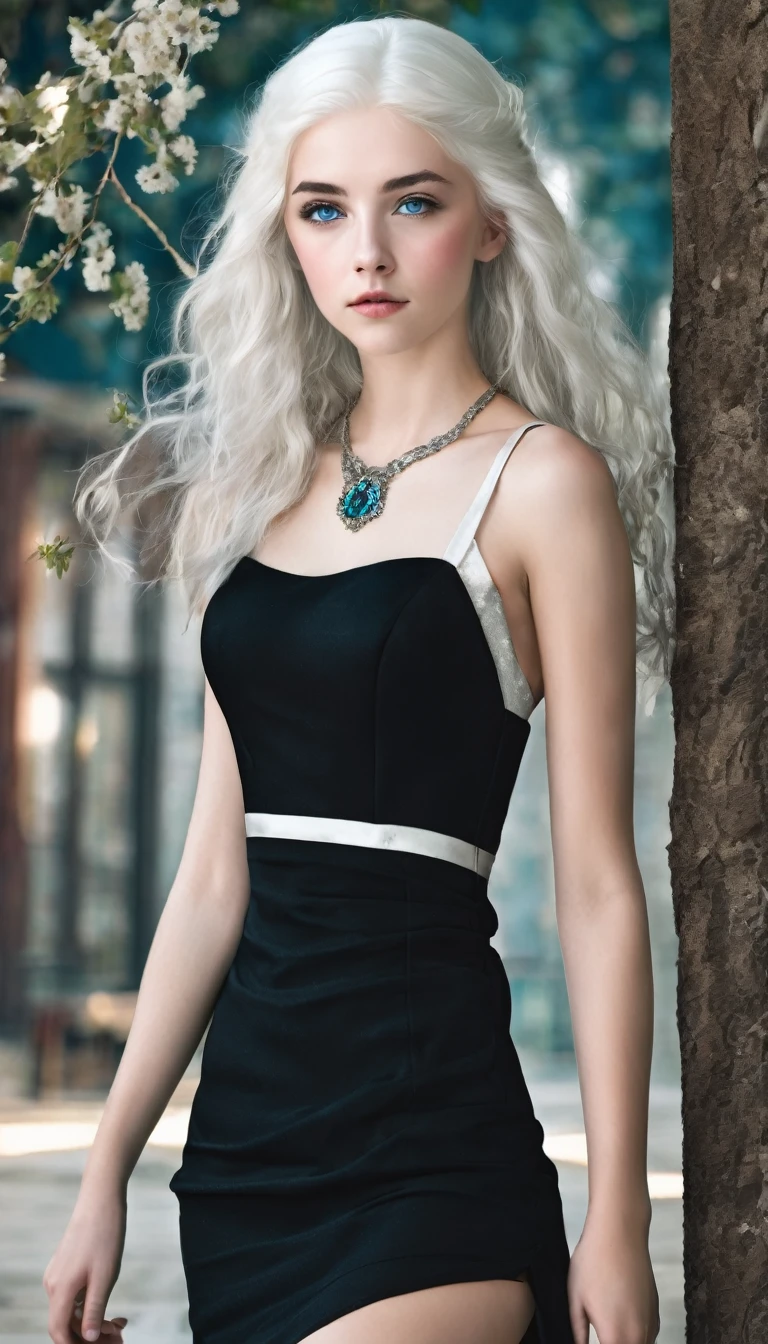 Very beautiful 15 year old girl, with white hair and white skin and blue eyes with a short black dress that shows her full body 