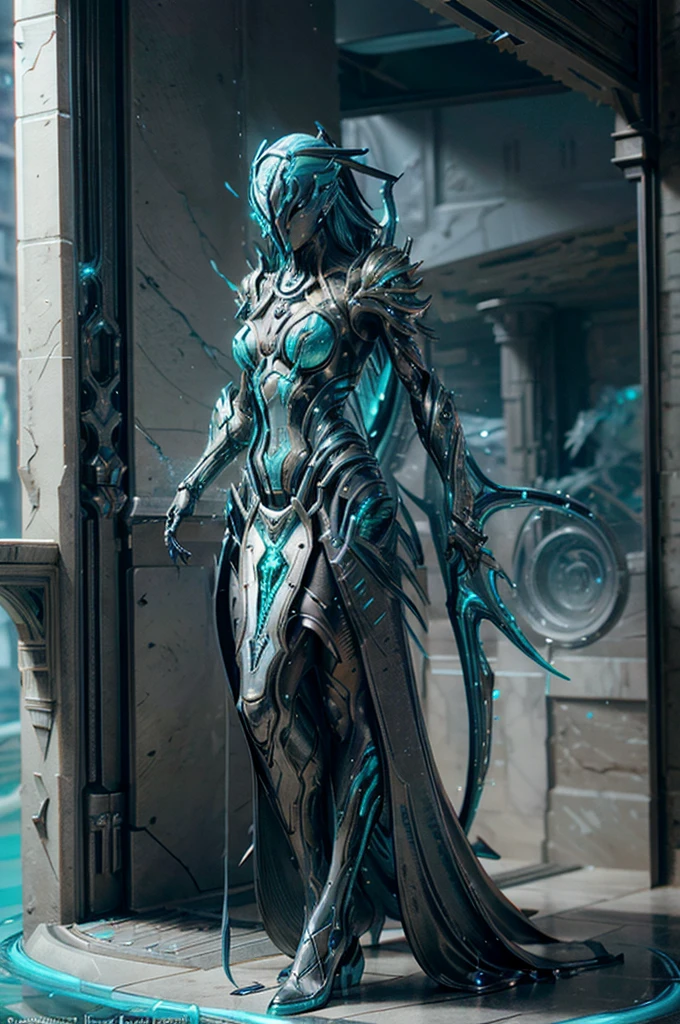 futuristic, Warframe, character design, water-inspired, fluid, sleek, metallic, aquamarine color scheme, rippling textures, biomechanical elements, glowing accents, intricate details, dynamic pose, underwater environment, bubbles, reflections, high-tech, cybernetic, agile, powerful, energy effects, hydrodynamic, ethereal, otherworldly, advanced technology