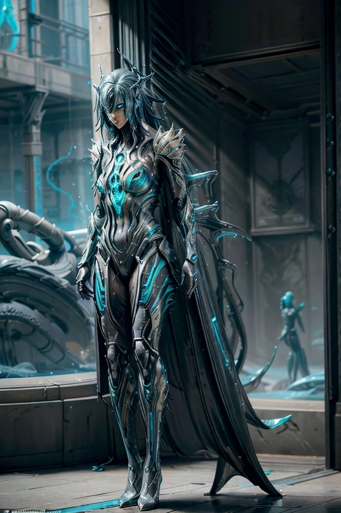 futuristic, Warframe, character design, water-inspired, fluid, sleek, metallic, aquamarine color scheme, rippling textures, biomechanical elements, glowing accents, intricate details, dynamic pose, underwater environment, bubbles, reflections, high-tech, cybernetic, agile, powerful, energy effects, hydrodynamic, ethereal, otherworldly, advanced technology