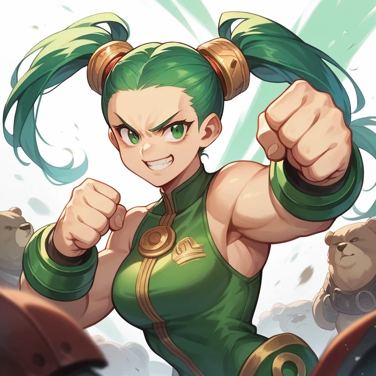 1 girl,green eyes,pigtails,fantasic fighter's costumes,have a brass knuckles made of iron,battle Arena background,fiting pose,grin,in front of  huge bear,side view,green wing accessory is back,side view,