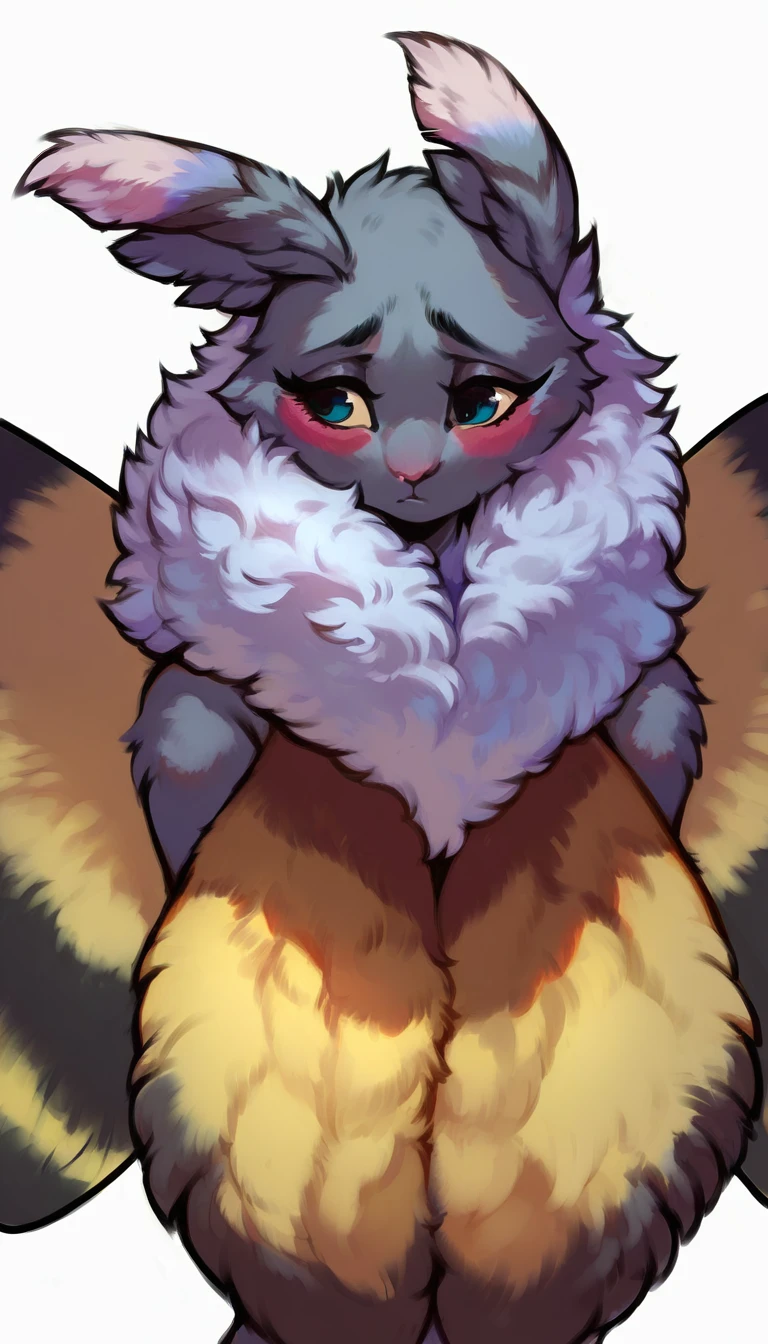 score_9, score_8_up, score_7_up, (clear simple background, white background, papyrus background), ((adult)),
((Mothgirl:1.2), anthro, solo, female, (portrait, sexy, shy), (big_boobs, focus), ((grey fur, ears, wings)), beautiful