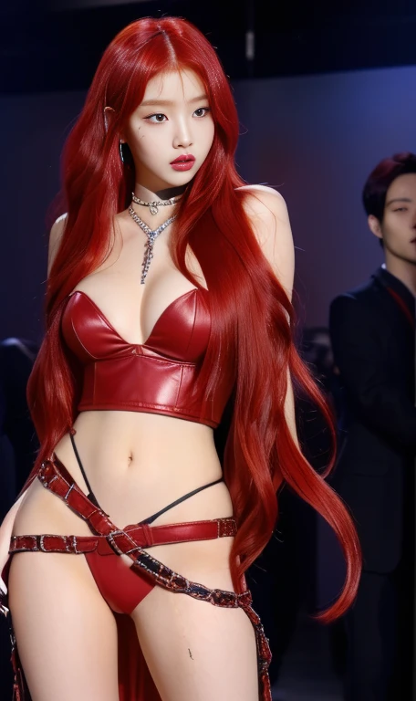 a close up of a woman With red hair wearing a leather outfit blue eyes, with long red hair, waist-length red hair, young beautiful amaranth, erza scarlet as a real person, amaranth, With red hair, she has long orange hair, redhead goddess, Jennie , Wonyoung , hwasa, beautiful, Beautiful young Korean woman, jaeyeon nam, ulzzang, heonhwa choe, beautiful mujer surcoreana, a girl with red hair, Long red hair and big eyes, Long red hair and big eyes, roseanne park by blackpink, kim taejin