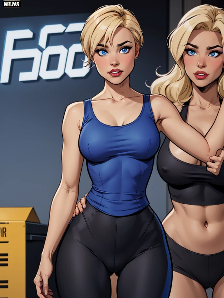 Young female, with blonde short hair, Blue eyes, wearing a tight blue tank top with a low neckline, Wearing black leggings that are tight to the body , comic style