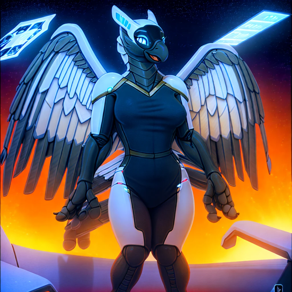 (masterpiece:1.2), best quality, (detailed warm ambient lighting), (cinematic lighting), (high resolution), furry commission, perfect anatomy, (female anthro synth), (gryphon, avian), soft, curvy, medium breasts, science fiction, (detailed background), solo female, elegant, wings on back, (beautiful), standing, friendly, shiny, black, glowing 