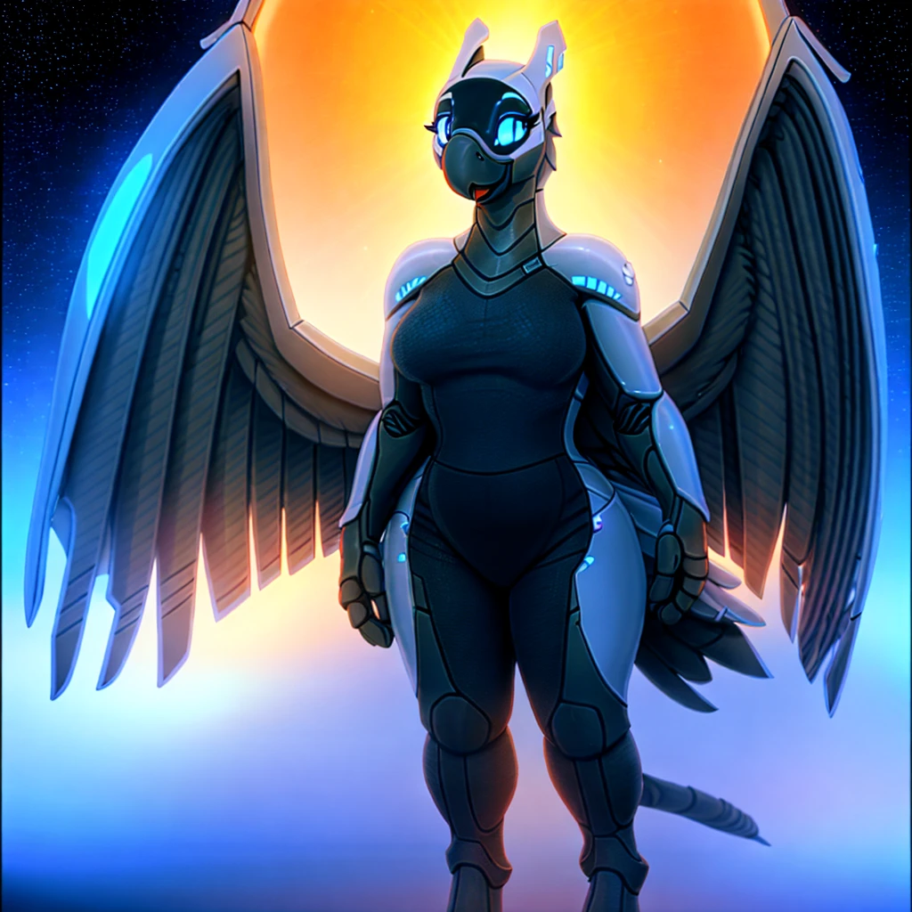 (masterpiece:1.2), best quality, (detailed warm ambient lighting), (cinematic lighting), (high resolution), furry commission, perfect anatomy, (female anthro synth), (gryphon, avian), soft, curvy, medium breasts, science fiction, (detailed background), solo female, elegant, wings on back, (beautiful), standing, friendly, shiny, black, glowing 