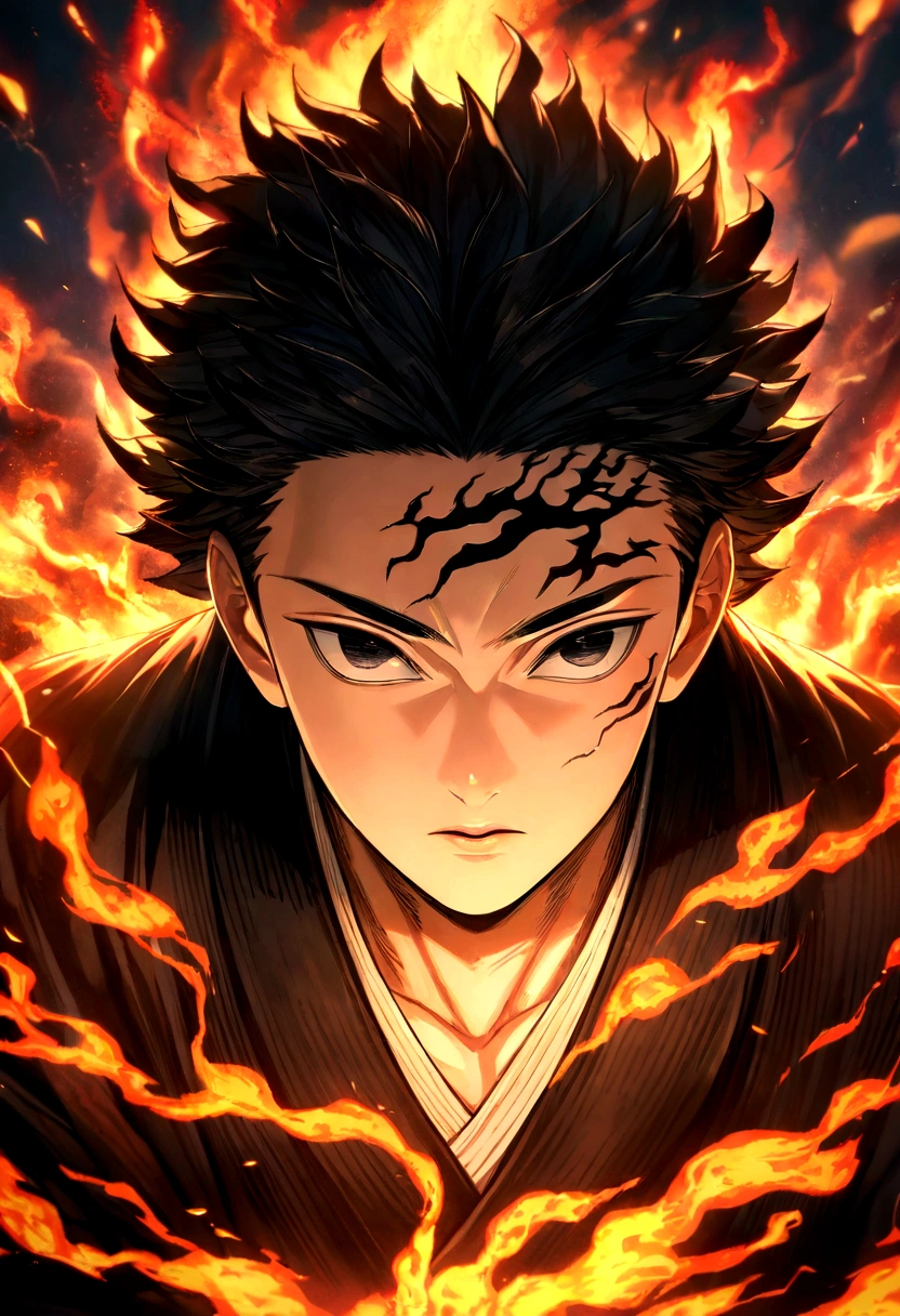 symmetrical, absurd, high resolution, ultra detailed, hdr, Artwork, extremely detailed face and eyes, Yoriichi, Kimetsu no Yaiba,,Black hair, , Alone, Man, handsome, mark on forehead , Black kimono, , Fight scene epic, fire red lightning effect, bright sparkles, flame effect, flaming aura effect, black eyes, flaming splashes, surrounded by flame energy