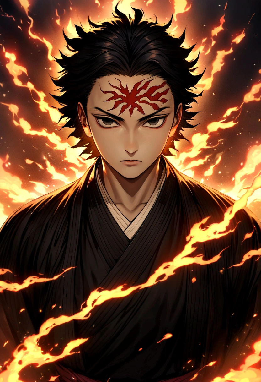 symmetrical, absurd, high resolution, ultra detailed, hdr, Artwork, extremely detailed face and eyes, Yoriichi, Kimetsu no Yaiba,,Black hair, , Alone, Man, handsome, mark on forehead , Black kimono, , Fight scene epic, fire red lightning effect, bright sparkles, flame effect, flaming aura effect, black eyes, flaming splashes, surrounded by flame energy