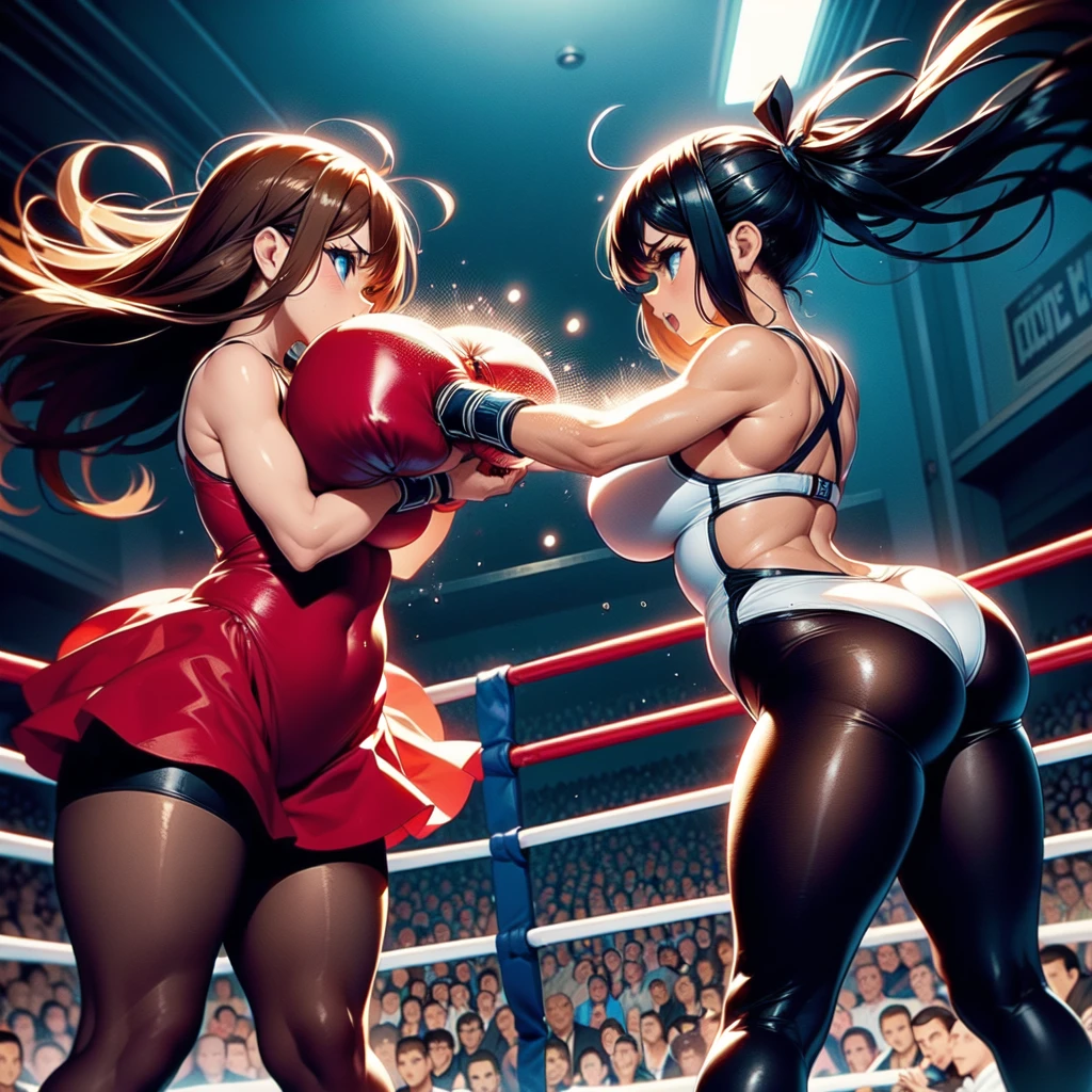 NSFW , In the Movie , Small woman and big woman , Fullbody shot , Wear Monokini swimsuit with pantyhose , Female boxing Face to face, So huge breasts.