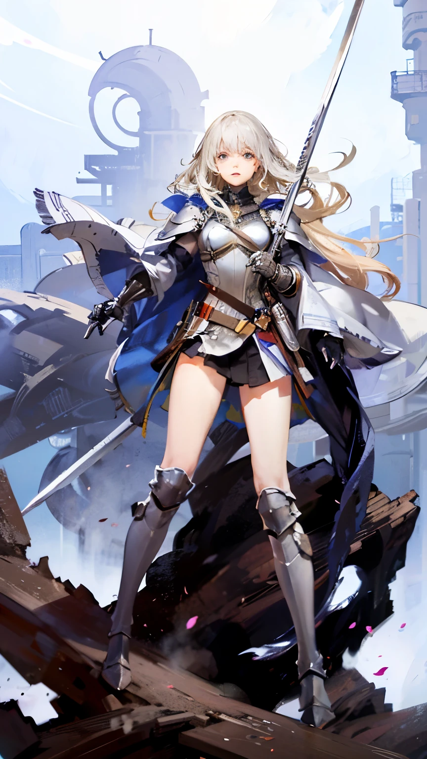 A female swordsman wearing large armor, long blonde hair, silver eyes, a silver cape and armor, blowing wind, a desolate mountain region,