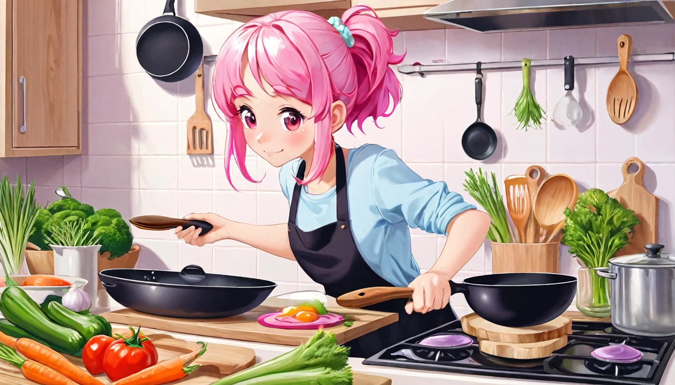 (Highest quality), Girl preparing food in kitchen with vegetables and frying pan,Pink Hair