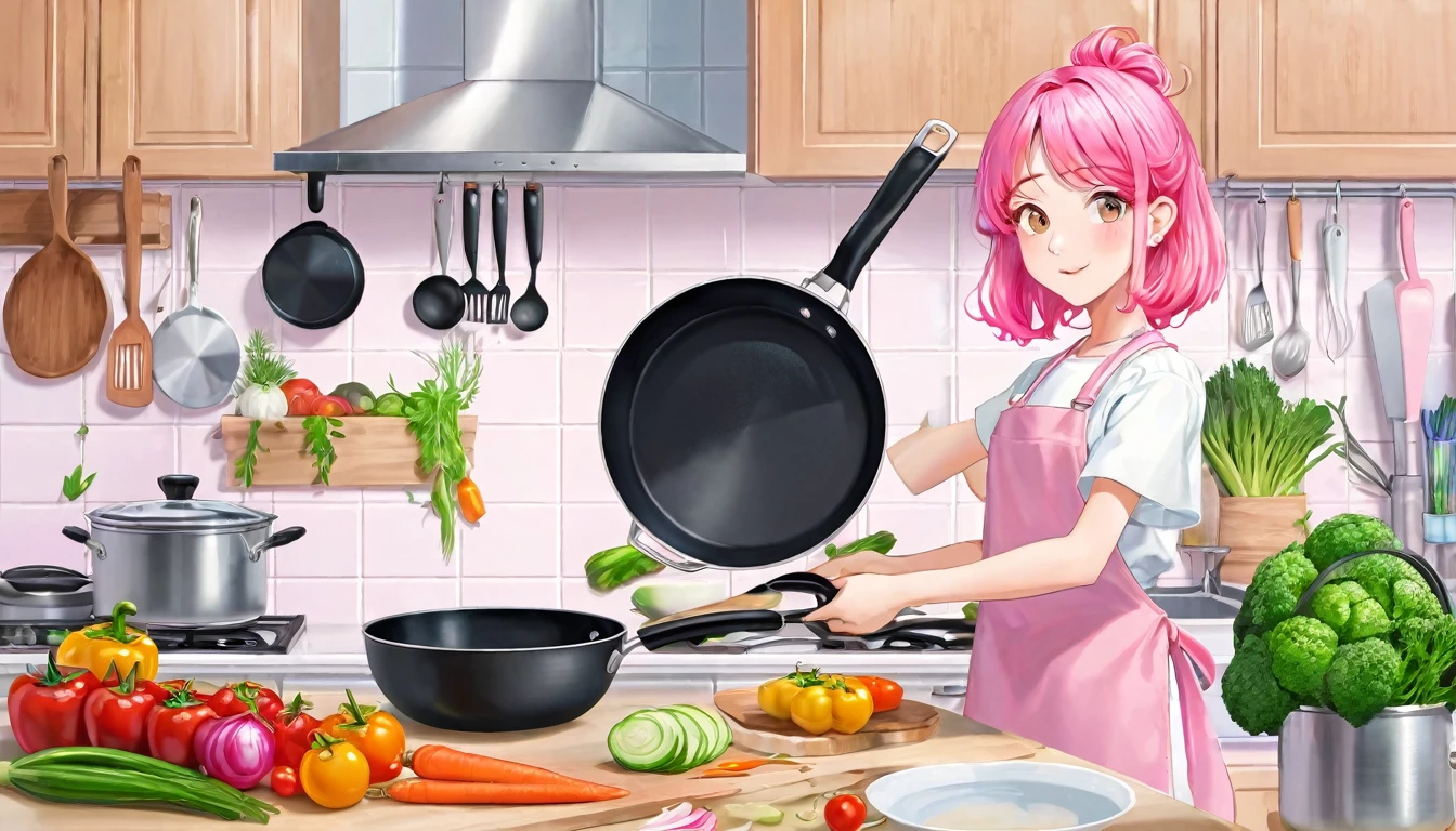 (Highest quality), Girl preparing food in kitchen with vegetables and frying pan,Pink Hair