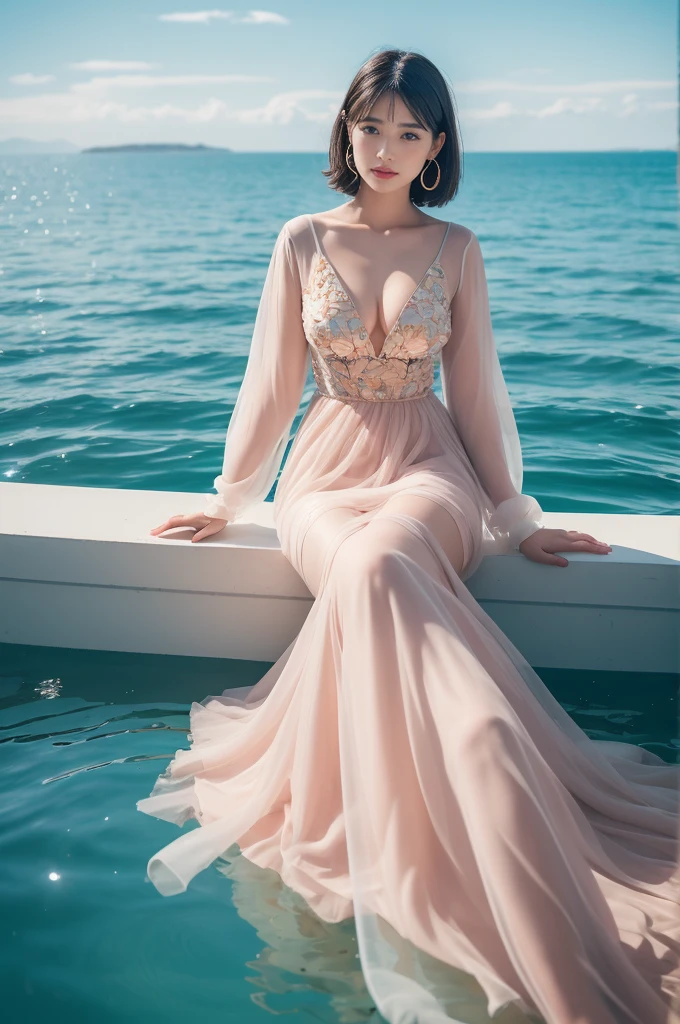 A serene and elegant scene of a woman in an elaborate floral dress sitting on a large flower platform on a calm sea surface, with a transparent bubble gently floating behind her. The dress features large delicate flowers, blending gentle pastel pink with delicate gold accents. The sky is clear blue with a few thin clouds, adding a poetic touch. The overall mood is peaceful and otherworldly, capturing the beauty and tranquility of the moment, 8k, photorealistic, soft lighting, intricate details, 1girl, solo, looking at viewer, short hair, brown hair, black hair, long sleeves, dress, jewelry, sitting, collarbone, flower, earrings, outdoors, parted lips, sky, day, cloud, water, white dress, mole, lips, see-through, ocean, ring, mole on breast, realistic, waves, ((big breasts)) 