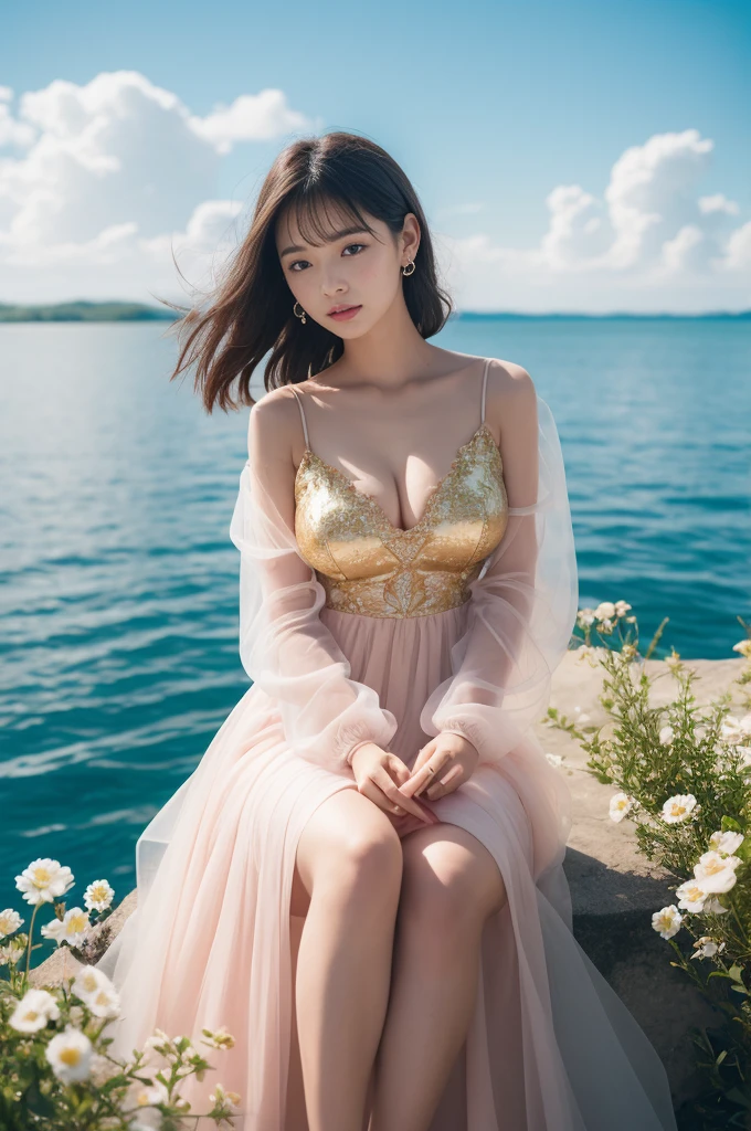 A serene and elegant scene of a woman in an elaborate floral dress sitting on a large flower platform on a calm sea surface, with a transparent bubble gently floating behind her. The dress features large delicate flowers, blending gentle pastel pink with delicate gold accents. The sky is clear blue with a few thin clouds, adding a poetic touch. The overall mood is peaceful and otherworldly, capturing the beauty and tranquility of the moment, 8k, photorealistic, soft lighting, intricate details, 1girl, solo, looking at viewer, short hair, brown hair, black hair, long sleeves, dress, jewelry, sitting, collarbone, flower, earrings, outdoors, parted lips, sky, day, cloud, water, white dress, mole, lips, see-through, ocean, ring, mole on breast, realistic, waves, ((big breasts))