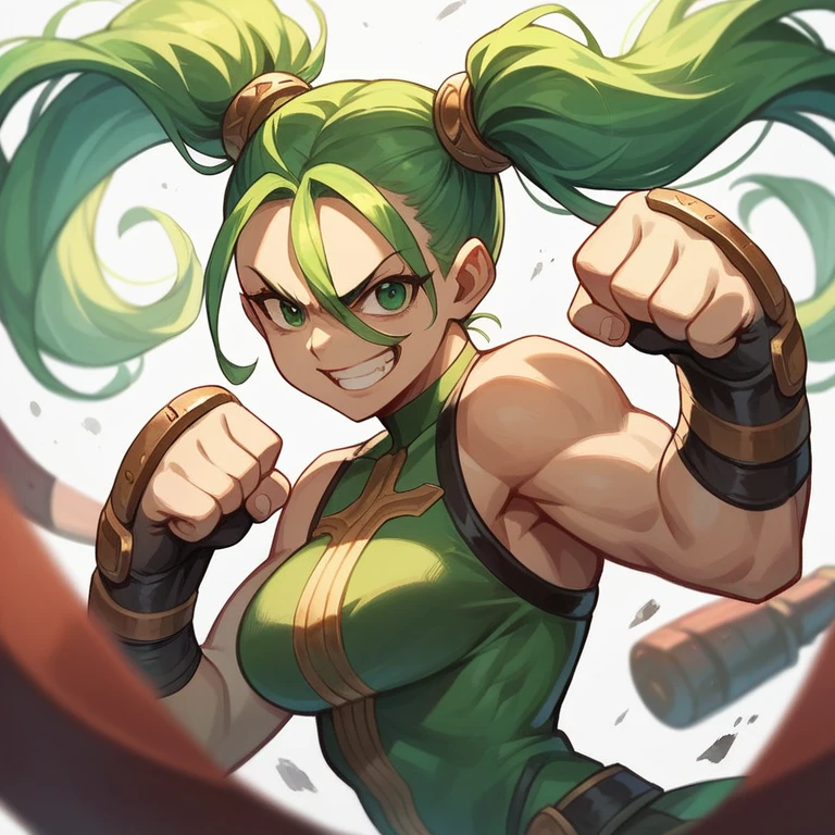 1 girl,green eyes,pigtails,fantasic fighter's costumes,have a brass knuckles made of iron,battle Arena background,fiting pose,grin,in front of  huge bear,side view,green wing accessory is back,side view,
