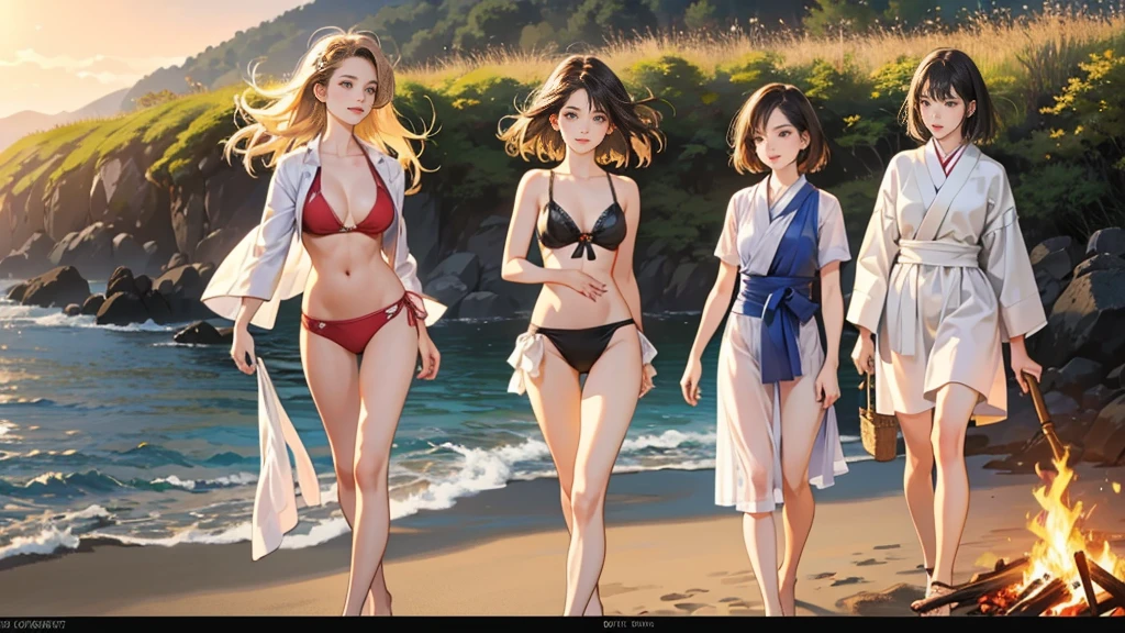 (smile)、To the camera、22-year-old、Photograph the whole body,Beautiful four woman walking on the seaside)、short hair and Long brown hair fluttering in the wind、(Normal Breasts:1.5)、The best proportions、Bikini Swimwear、Photorealistic、4K、Different Hairstyle、Facial Variations、((Head to toe shot))、((Women around a bonfire)),daylight,japanese,Guitar,Photograph from head to toe,