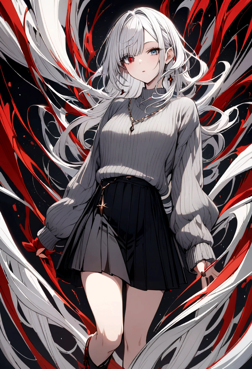  white hair girl with black skirt and gray sweater with one eye red the other blue and black shoes  