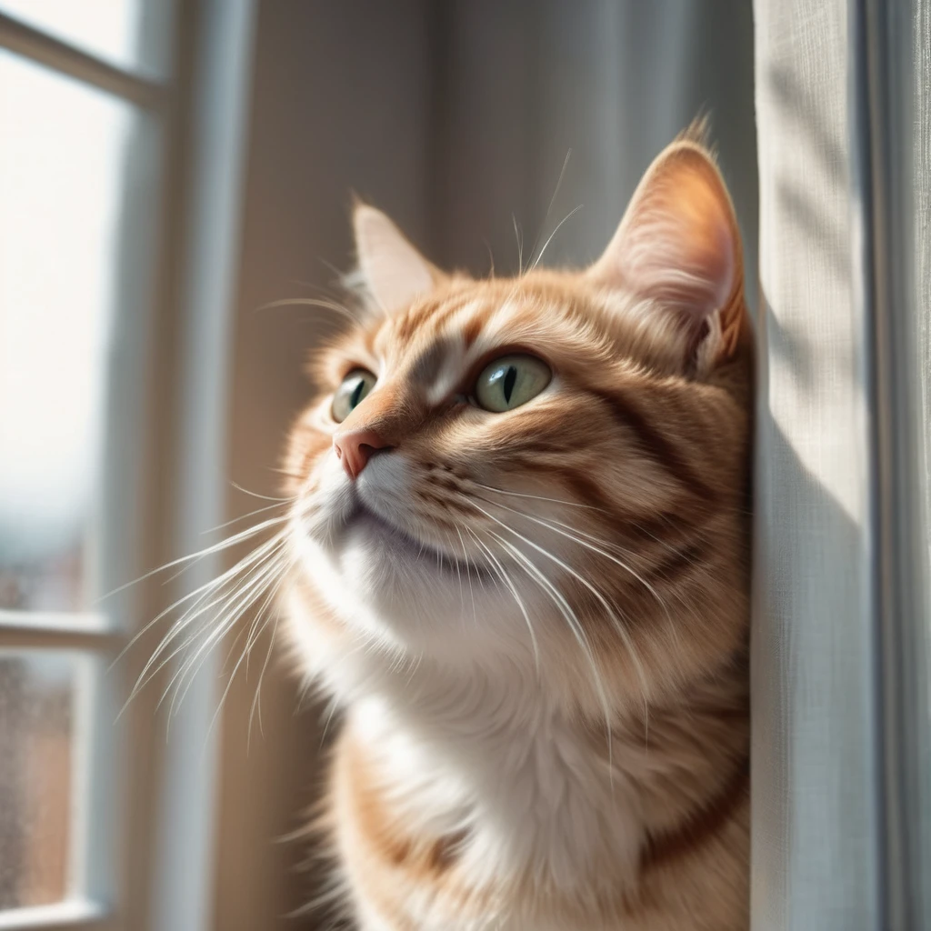 When you look up from below, a cat is looking at you through the window, no background, super delicate, photo, 3D