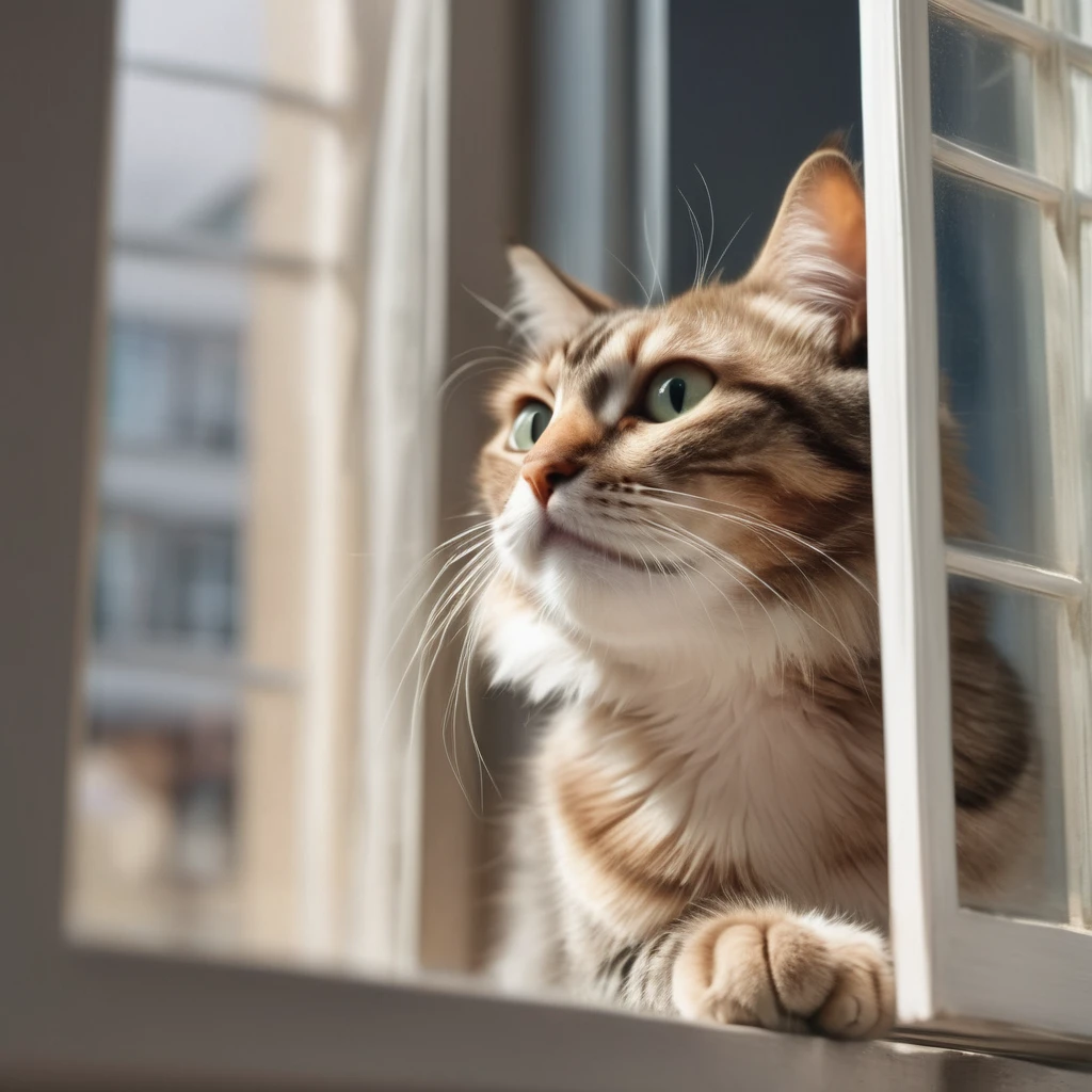 When you look up from below, a cat is looking at you through the window, no background, super delicate, photo, 3D