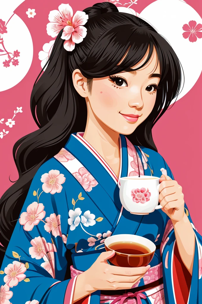 Cute relaxed girl, drinking tea, kimono, cartoon style, vector art, insanely detailed, elaborate, wide angle, masterpiece, 10k, lively, illustration, vector art, cute, highly detailed, abstract background