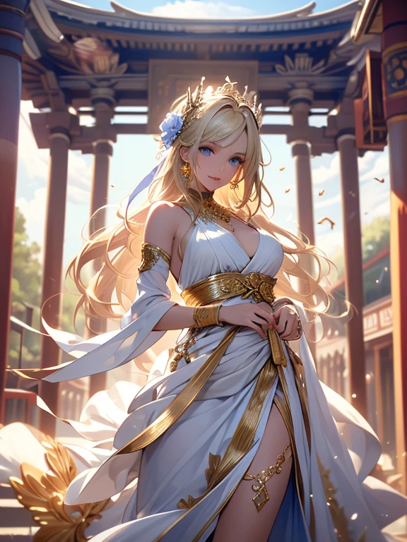 (Highest quality,Super detailed,High resolution,masterpiece,8K),Bright and vibrant colors,Official artwork,Greek white costume,Stylish makeup,Mid-length, shiny blonde hair fluttering in the wind,Captivating eyes,Beautiful Blue Eyes、Glossy Lips,Beautiful woman with ample breasts,Beautiful neck line, Holding,Captivating smile,whole body,A solemn atmosphere,Old Temple,flower,pigeon,,Detailed CG,