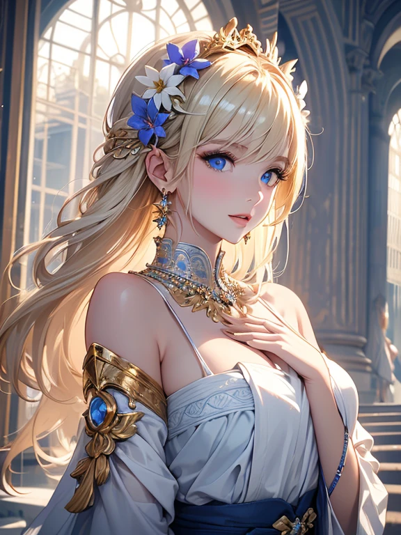 (Highest quality,Super detailed,High resolution,masterpiece,8K),Bright and vibrant colors,Official artwork,Greek white costume,Stylish makeup,Mid-length, shiny blonde hair fluttering in the wind,Captivating eyes,Beautiful Blue Eyes、Glossy Lips,Beautiful woman with ample breasts,Beautiful neck line, Holding,Captivating smile,whole body,A solemn atmosphere,Old Temple,flower,pigeon,,Detailed CG,