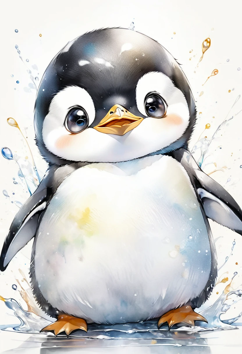 best quality, super fine, 16k, incredibly absurdres, extremely detailed, 2.5D, delicate and dynamic, fusion of watercolors and oil paintings, mix of monochrome and color, funny baby penguin portrait, cute face, cute pose