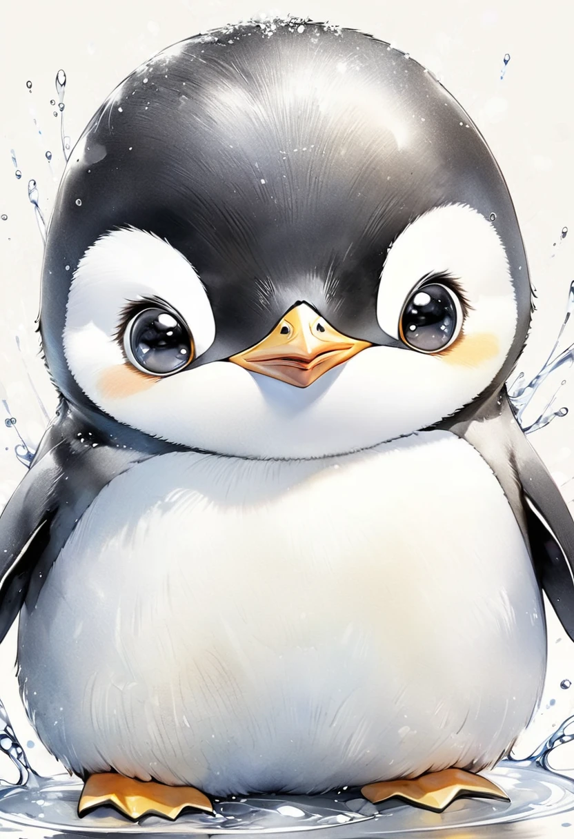 best quality, super fine, 16k, incredibly absurdres, extremely detailed, 2.5D, delicate and dynamic, fusion of watercolors and oil paintings, mix of monochrome and color, funny baby penguin portrait, cute face, cute pose