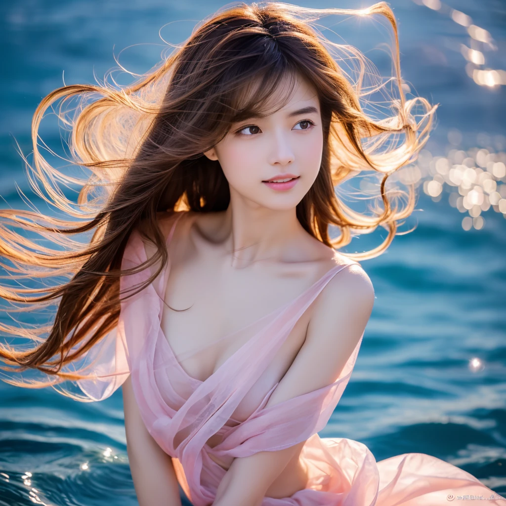 (highest quality, 32k, High resolution, masterpiece:1.5,), Haunting fantasy portrait in abstract style, ((In a swirl of fantastic pastel colors and soft light)), Evoking a sense of soothing tranquility and elusive beauty, Award-winning masterpiece with amazing details, cute japanese woman, 18 years old, perfect human anatomy, big magical eyes, gentle smile, ((Shiny detailed brown hair)), Long straight hair tousled by the wind, Beautiful asymmetrical bangs, hair between eyes, smooth and soft skin, thin eyebrows, clear double eyelids, Attractive pink lips, ((naked, Wrap your body in a transparent silk cloth)), High resolution perfect collarbone, High resolution beautiful bust, Slender body with plump breasts, ((Colorful sparkling light effects:1.3)), summer blue sea, The blue, sparkling water surface reflecting light, bright sunshine, professional lighting, professional photographer, Professional models,mysterious