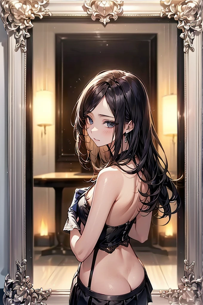 ((Biologically correct limb count))、(( Full-body photo including face))、4K、((Standing position))、masterpiece、((Focus on the face))、((Symmetrical facial features))、Eye for detailed depiction、Beautiful blue-haired woman、Excellent style、Beautiful clavicle、Beautiful feet、Beautiful Hands、Slender body、(stockings、garter belt、High heels)、Facial detailing、Small earrings、necklace、(No sleeve、Pleated skirt)、High heelsに照明を当てる、tie、sunny、(((Photo frame with white border)))、Seductive posture、((Standing on one knee, looking up))、Night Pool、(Low - Angle、A camera angle that captures the inside of a skirt from below)、Silk gloves、(((Black Hair、Silver hair)))、(((Moments of ecstasy)))、((Looking back))