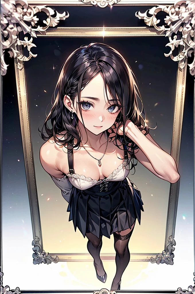 ((Biologically correct limb count))、(( Full-body photo including face))、4K、((Standing position))、masterpiece、((Focus on the face))、((Symmetrical facial features))、Eye for detailed depiction、Beautiful blue-haired woman、Excellent style、Beautiful clavicle、Beautiful feet、Beautiful Hands、Slender body、(stockings、garter belt、High heels)、Facial detailing、Small earrings、necklace、(No sleeve、Pleated skirt)、High heelsに照明を当てる、tie、sunny、(((Photo frame with white border)))、Seductive posture、((Standing on one knee, looking up))、Night Pool、(Low - Angle、A camera angle that captures the inside of a skirt from below)、Silk gloves、(((Black Hair、Silver hair)))、(((Moments of ecstasy)))、((Looking back))