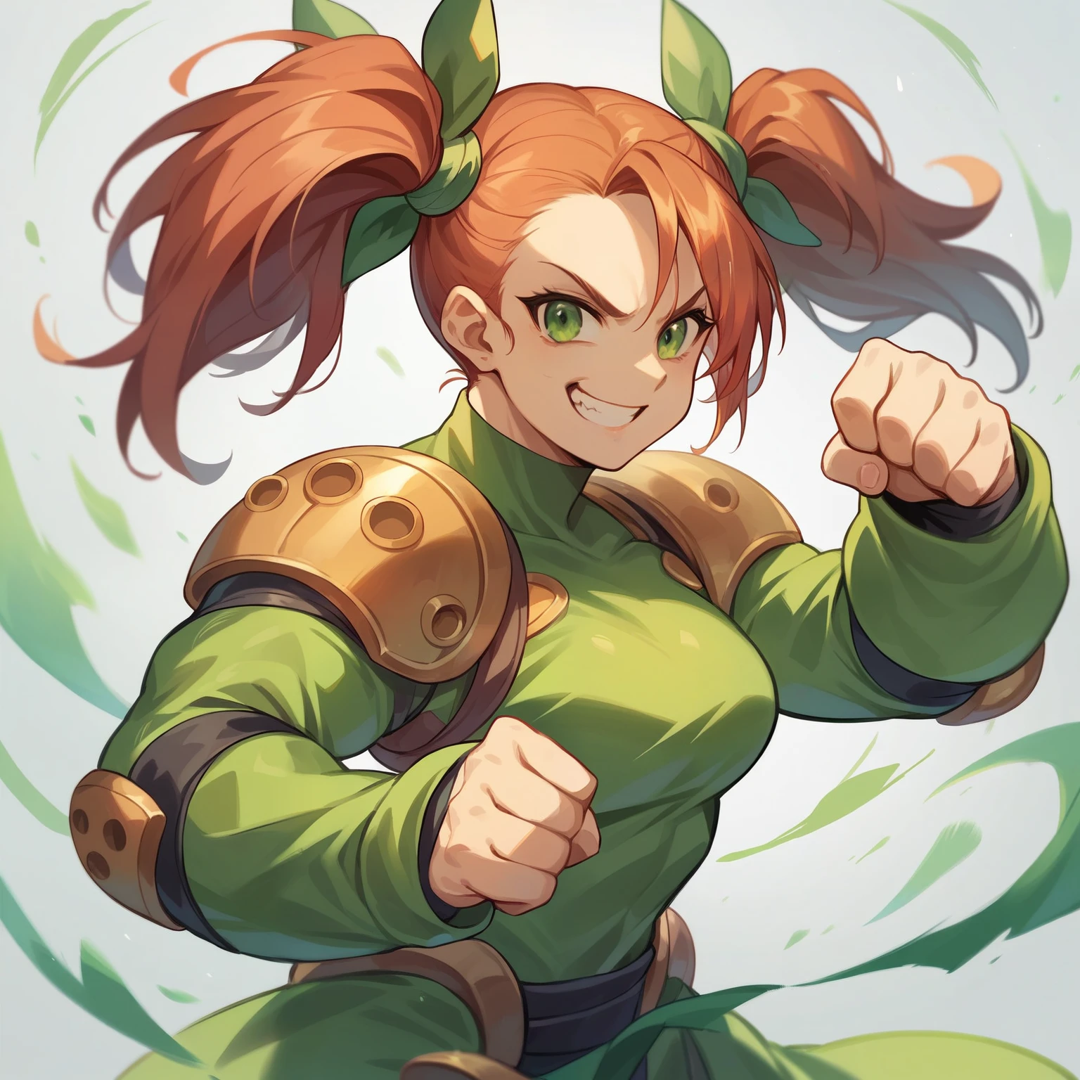 1 girl,green eyes,pigtails,fantasic fighter's costumes,have a brass knuckles made of iron,battle Arena background,fiting pose,grin,in front of  huge bear,side view,green wing accessory is back,side view,