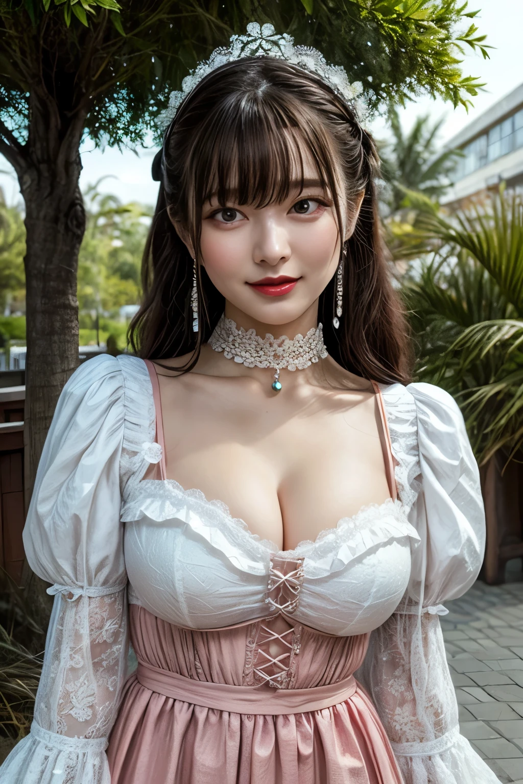 (nsfw:-2.0), (realistic, photo-realistic:1.4), (best quality,masterpiece:1.2), RAW photo, high resolution, intricate details, extremely detailed, realistic and sharp details, cinematic lighting, (portrait, frontal photography), solo, 1girl, (doll-like appearance), (sexy Paradise Kiss cosplay), (large breasts, cleavage), dark hair, detailed face, detailed eyes, smile, (neon pink clothes), bell-shaped skirt, petticoats, high neckline, puffed sleeves, detailed lace, detailed embroidery, Paradise Kiss accessories and matching headpiece, choker, large sparkling Paradise Kiss jewelry,  shiny victorian-style boots, photo background, outdoors, large park, trees,