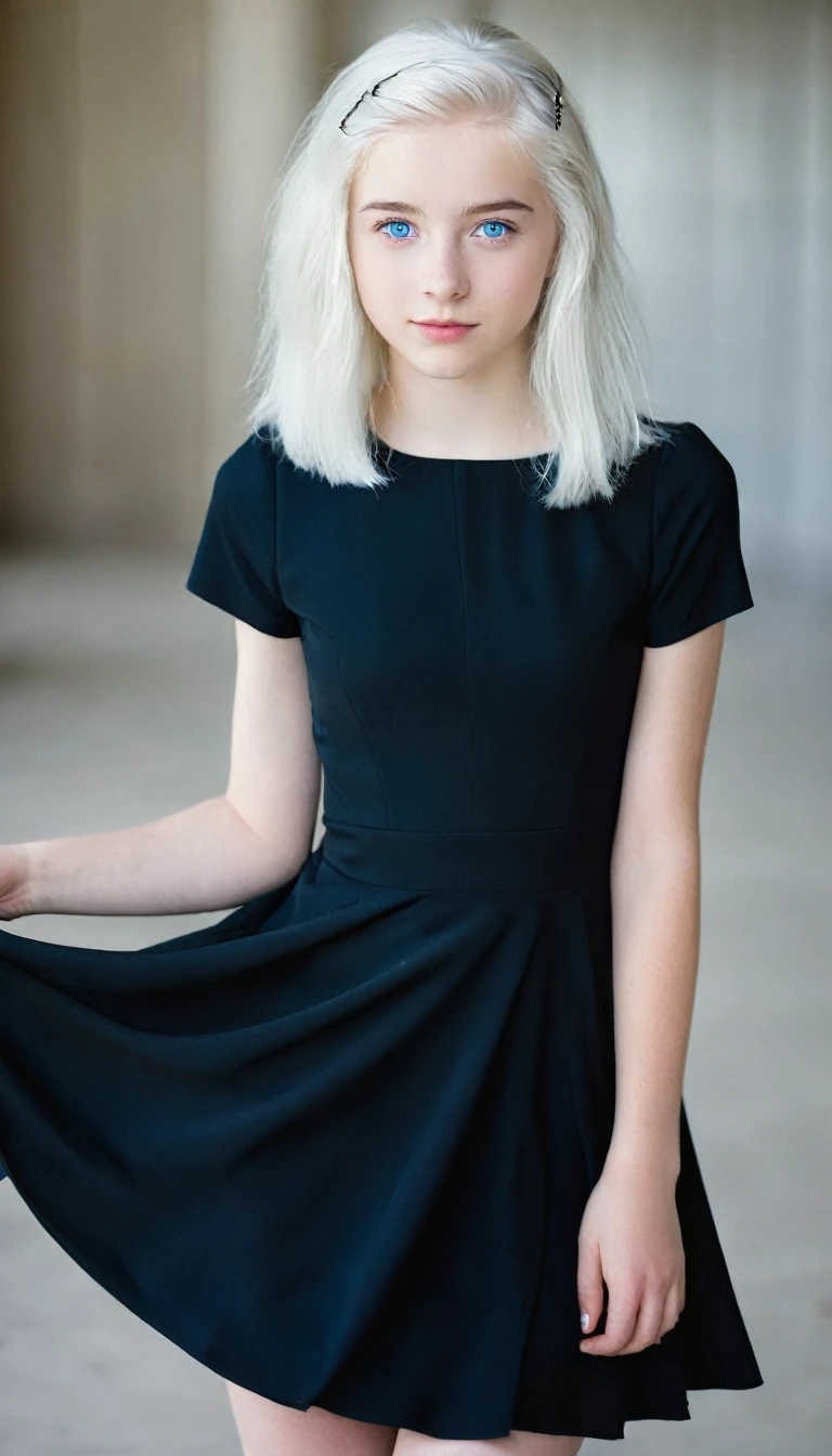 Very beautiful 15 year old girl, with white hair and white skin and blue eyes with a short black dress that shows her full body