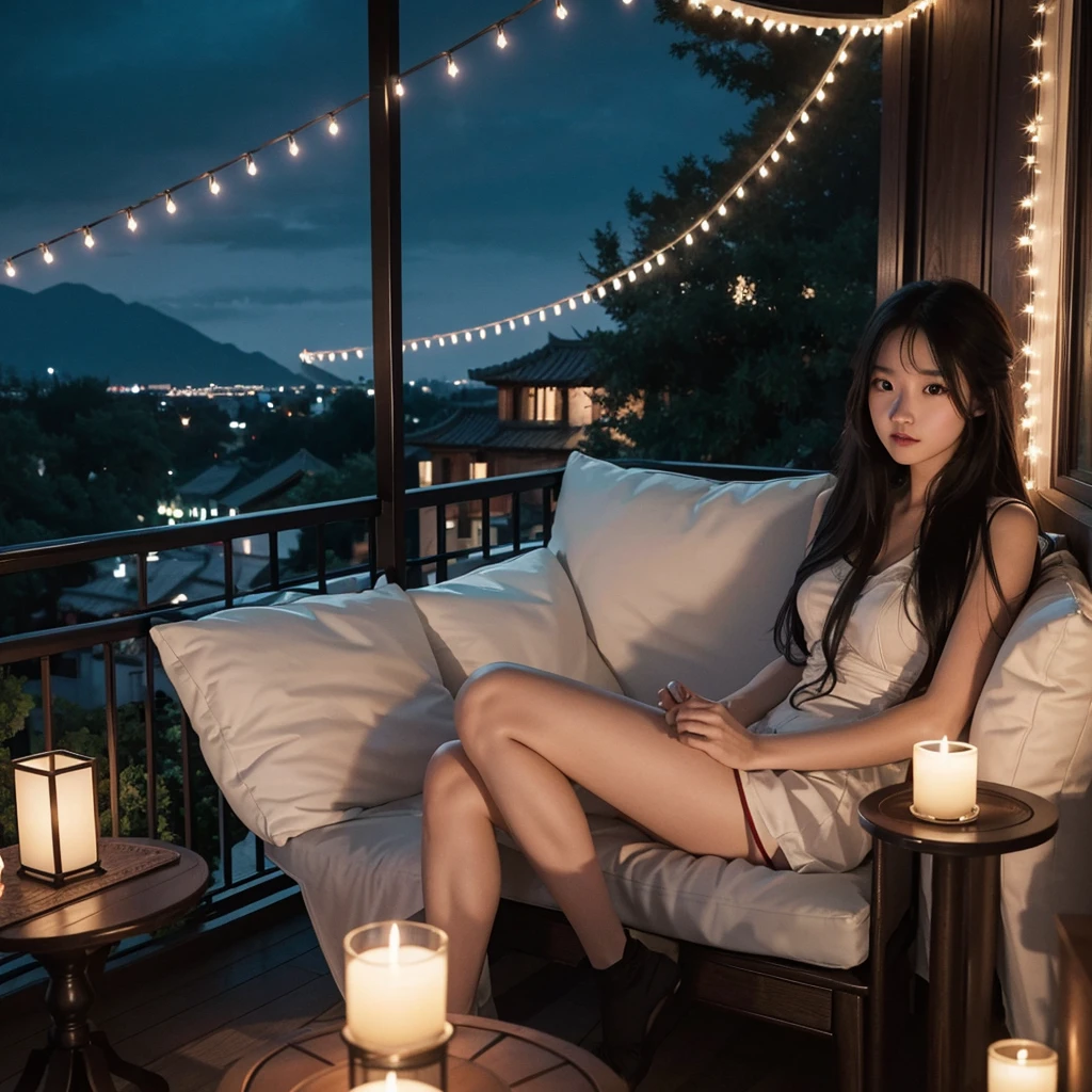 a chinese girl, long hair, sitting sideways looking at the camera on a large white sofa with pillows and blankets on a comfortable balcony with a warm atmosphere, there is a small wooden table with burning candles, and hanging decorative lights, creating a romantic and calm atmosphere, the balcony it has dark brown wooden floors and some tall green plants on the sides, a curved black metal structure forms the top of the balcony, and the backdrop is a nighttime cityscape with historic buildings and a twilight sky