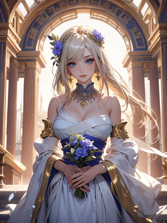 (Highest quality,Super detailed,High resolution,masterpiece,8K),Bright and vibrant colors,Official artwork,Greek white costume,Stylish makeup,Mid-length, shiny blonde hair fluttering in the wind,Captivating eyes,Beautiful Blue Eyes、Glossy Lips,Beautiful woman with ample breasts,Beautiful neck line, Holding,Captivating smile,whole body,A solemn atmosphere,Old Temple,flower,pigeon,,Detailed CG,