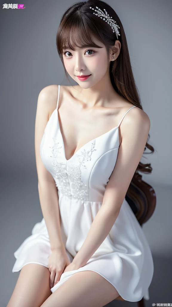 (Detailed face),(between legs),chest,cute,(chest元が隠れている)white(formal)Dresses,4K,Ultra-high resolution,（Photorealistic：1.7）,Gray background,Long Hair,