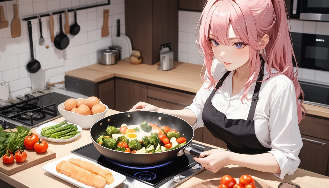 (Highest quality), Girl preparing food in kitchen with vegetables and frying pan,Pink Hair