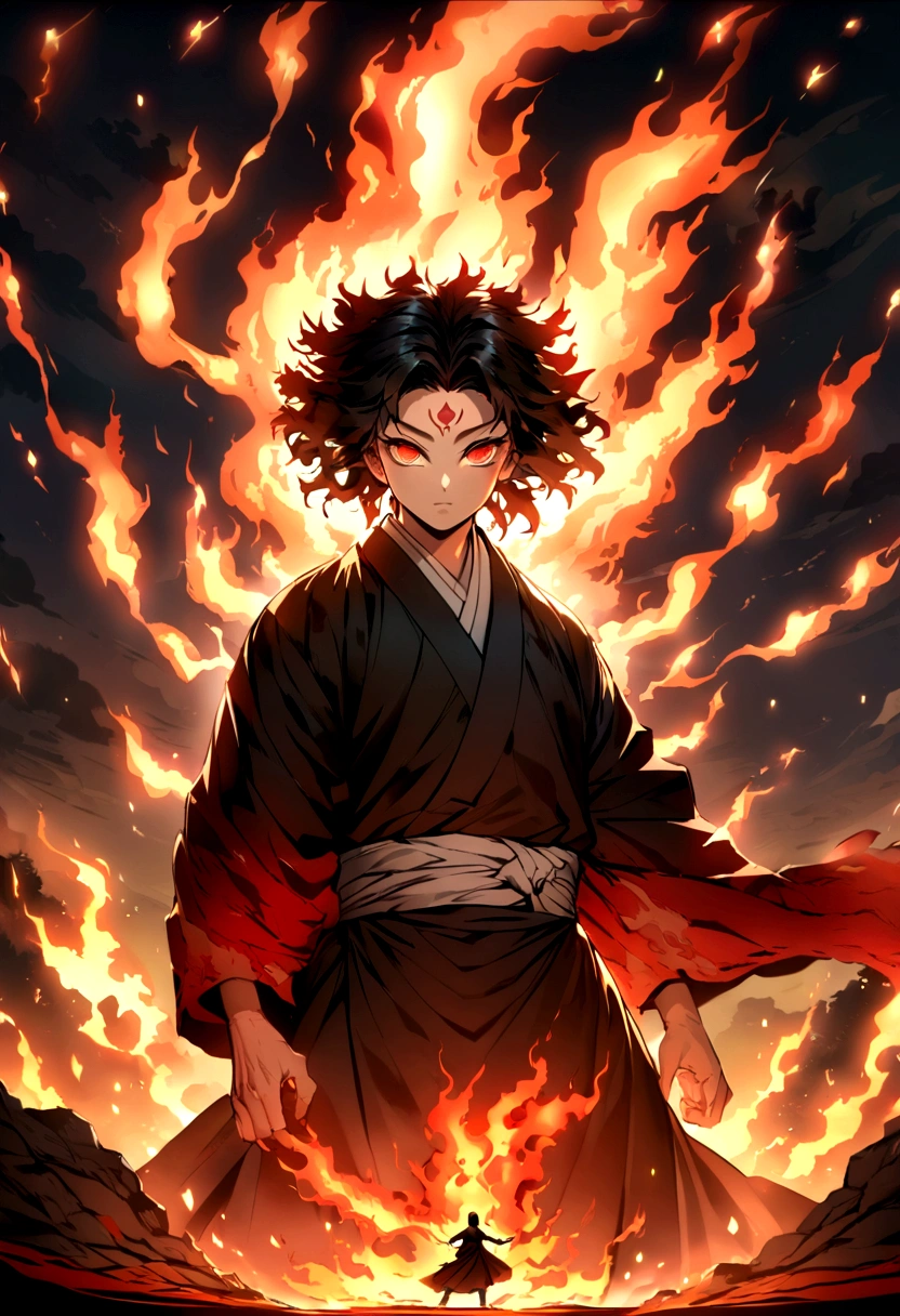 Symmetrical,absurderes, high resolution, ultra detaild, hdr, work of art, extremly detailed face and eyes, Yoriichi Tsugikuni, Kimetsu no Yaiba,,Bblack hair , , standing alone, naughty man, bonitas,forehead mark ,black kimono, , epic fight scene,fire red lightning effect, shining sparkles, , flame effect, flaming aura effect,eyes black, flaming splashes, surrounded by the energy of flames