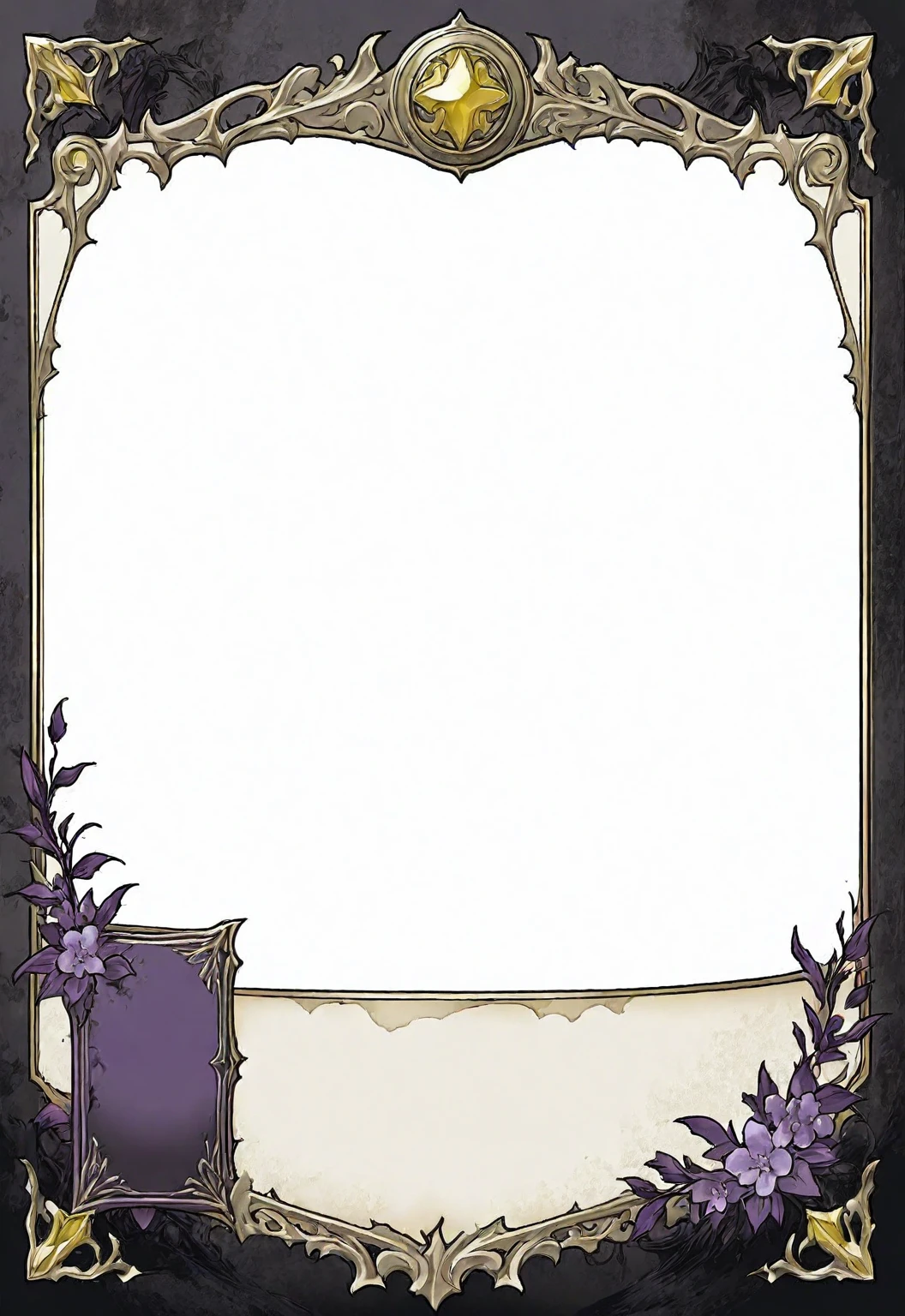 A card border UI，Medieval dark European fantasy style，Suspense style，Profile Style。Leave a square blank space in the middle，Parchment backing，There are blood stains on it。Black and White、yellowish、Lilac main color。