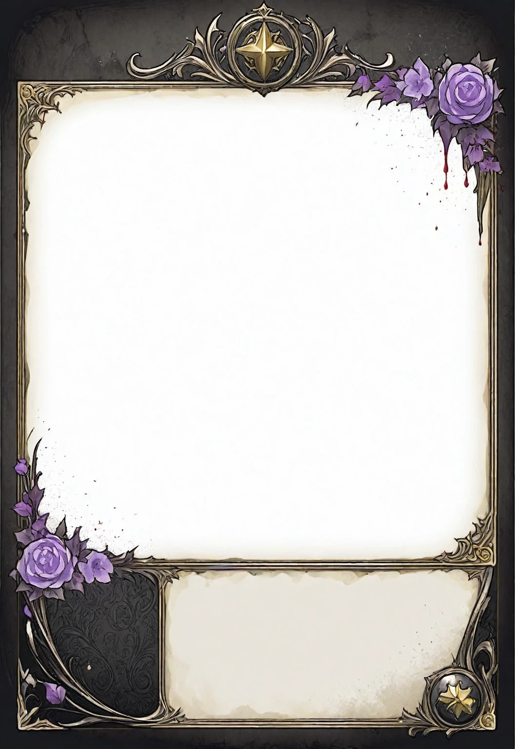 A card border UI，Medieval dark European fantasy style，Suspense style，Profile Style。Leave a square blank space in the middle，Parchment backing，There are blood stains on it。Black and White、yellowish、Lilac main color。